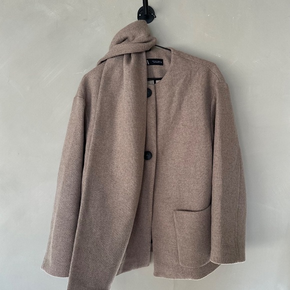 ZARA Wool Blend Jacket with Detachable Scarf Camel Size Small - Picture 5 of 5